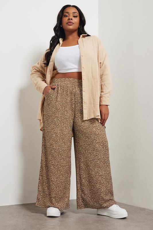 evans YOURS Curve Brown Abstract Spot Print Textured Wide Leg Trousers