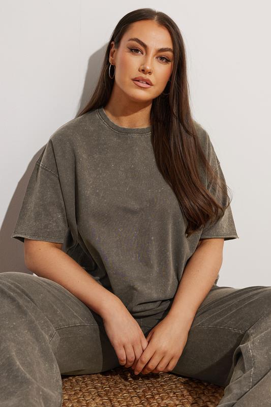 Evans YOURS Curve Brown Acid Wash Sweat T-Shirt & Joggers Set