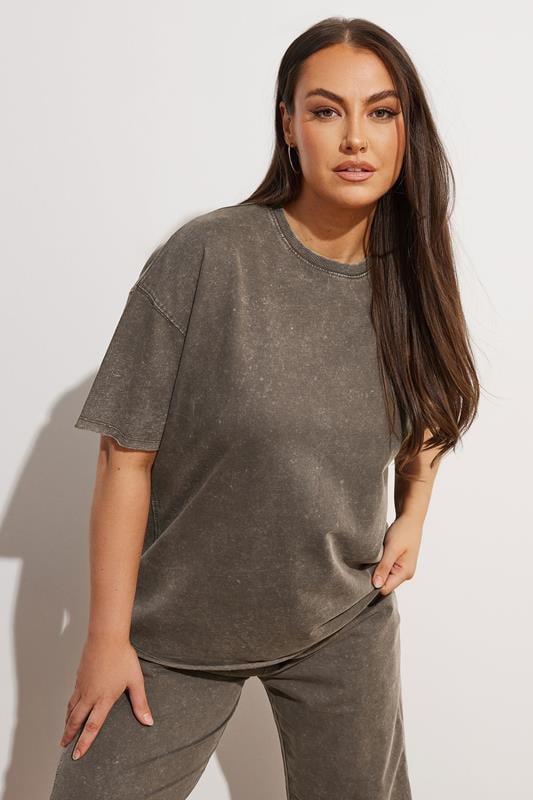 Evans YOURS Curve Brown Acid Wash Sweat T-Shirt & Joggers Set