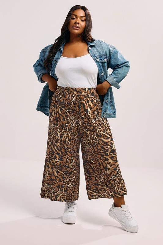 Evans YOURS Curve Brown Animal Print Wide Leg Cropped Trousers