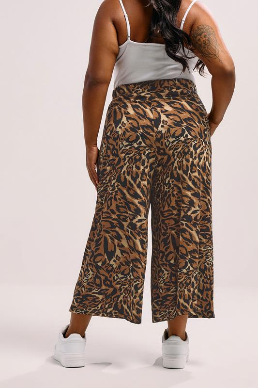 Evans YOURS Curve Brown Animal Print Wide Leg Cropped Trousers