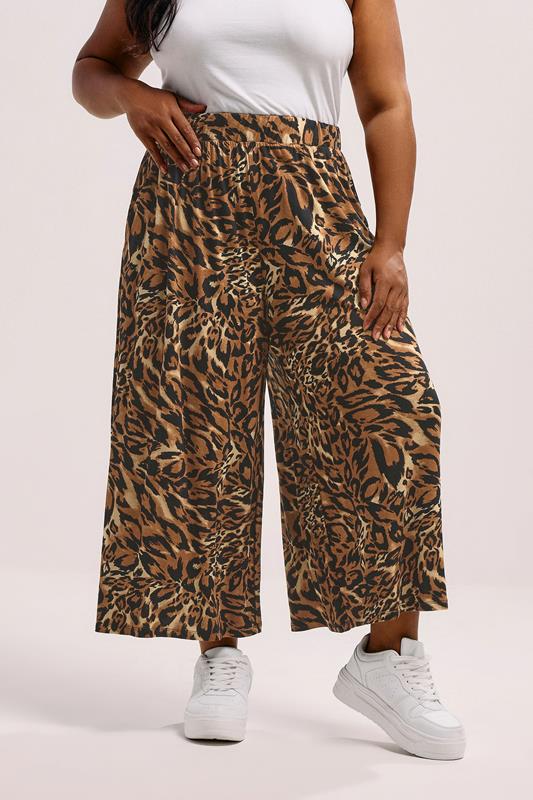 evans YOURS Curve Brown Animal Print Wide Leg Cropped Trousers