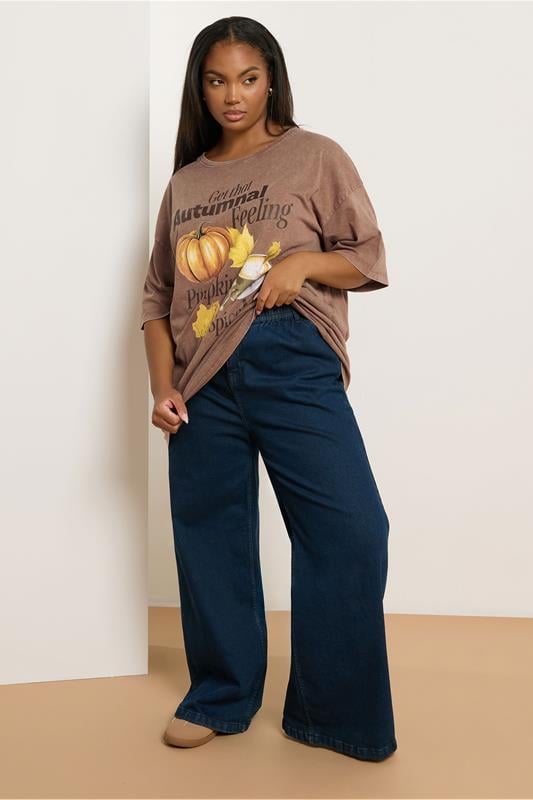 Evans YOURS Curve Brown Autumnal Print Relaxed T-Shirt