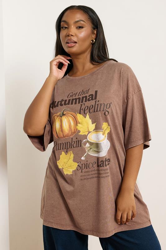 evans YOURS Curve Brown Autumnal Print Relaxed T-Shirt