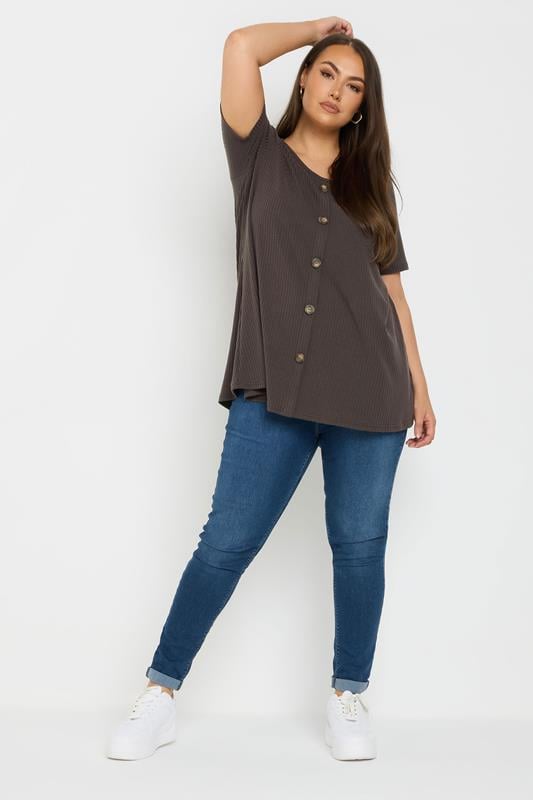 Evans YOURS Curve Brown Button Front Ribbed Swing Top