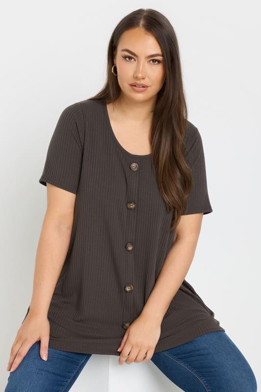 evans YOURS Curve Brown Button Front Ribbed Swing Top