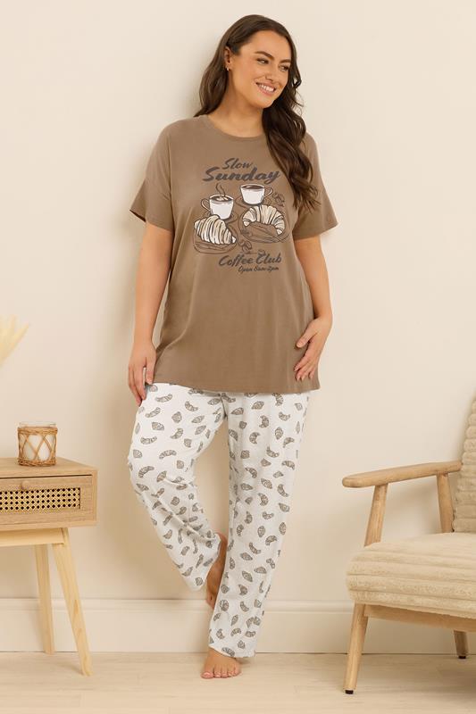 Evans YOURS Curve Brown 'Coffee Club' Wide Leg Pyjama Set