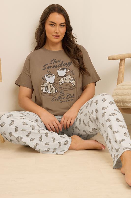 evans YOURS Curve Brown 'Coffee Club' Wide Leg Pyjama Set