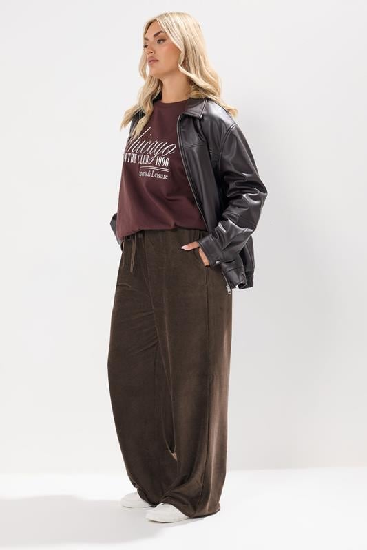 evans YOURS Curve Brown Cord Drawstring Wide Leg Trousers