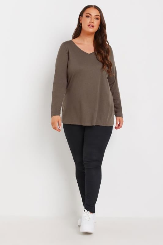 Evans YOURS Curve Brown Essential Long Sleeve V-Neck T-Shirt