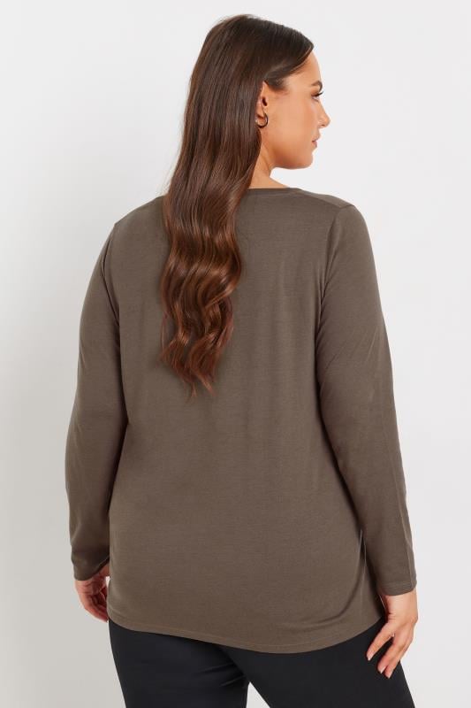 Evans YOURS Curve Brown Essential Long Sleeve V-Neck T-Shirt