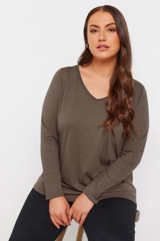 evans YOURS Curve Brown Essential Long Sleeve V-Neck T-Shirt
