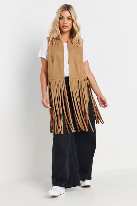 Evans YOURS Curve Brown Faux Suede Fringe Waistcoat