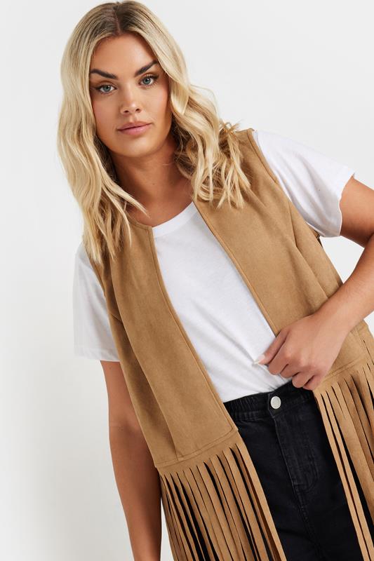 Evans YOURS Curve Brown Faux Suede Fringe Waistcoat