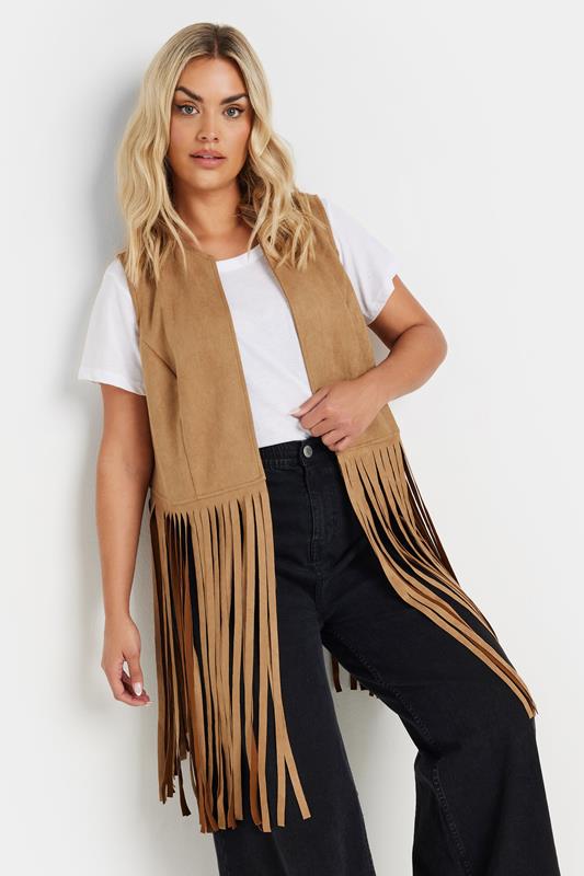 evans YOURS Curve Brown Faux Suede Fringe Waistcoat