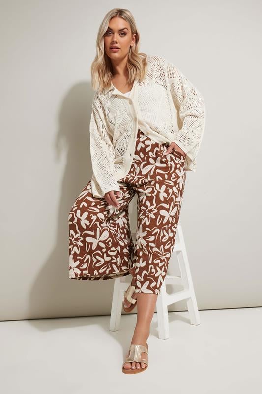 Evans YOURS Curve Brown Floral Print Textured Midaxi Culottes