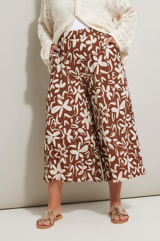 evans YOURS Curve Brown Floral Print Textured Midaxi Culottes