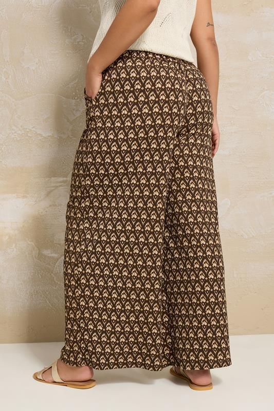 Evans YOURS Curve Brown Ikat Print Textured Wide Leg Trousers