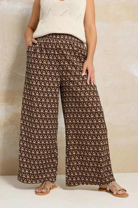 evans YOURS Curve Brown Ikat Print Textured Wide Leg Trousers