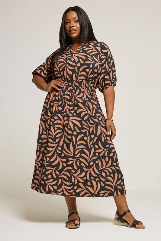 evans YOURS Curve Brown Leaf Notch Neck Midaxi Dress