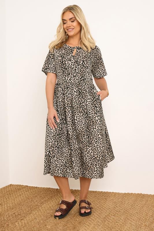 Evans YOURS Curve Brown Leopard Print Bow Tie Front Dress