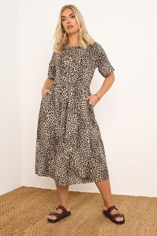 evans YOURS Curve Brown Leopard Print Bow Tie Front Dress