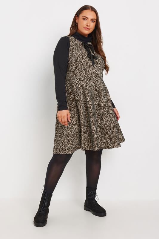 Evans YOURS Curve Brown Leopard Print Bow Tie Pinafore Dress