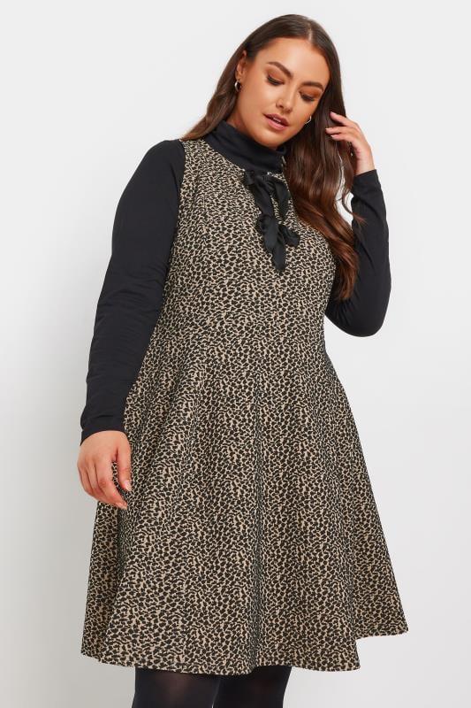 evans YOURS Curve Brown Leopard Print Bow Tie Pinafore Dress