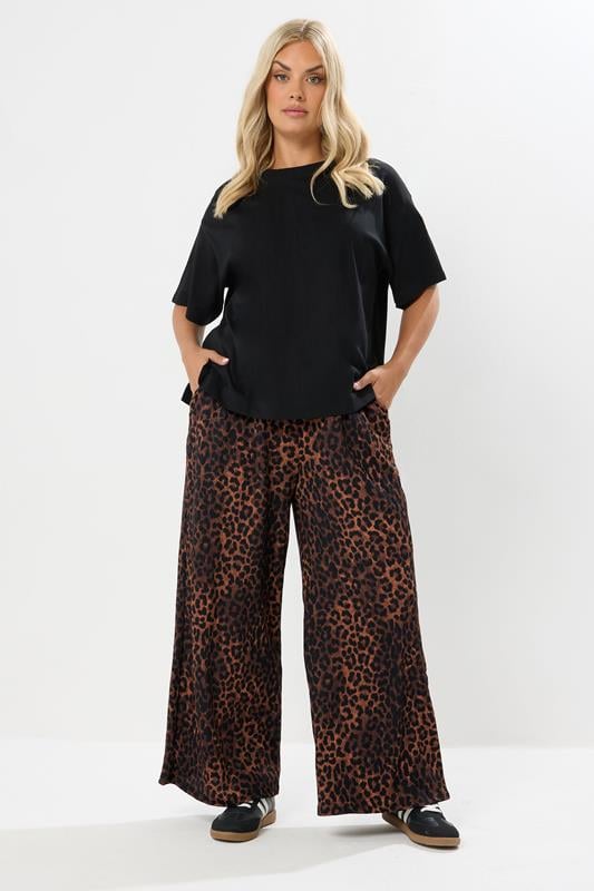 evans YOURS Curve Brown Leopard Print Crinkle Wide Leg Trousers