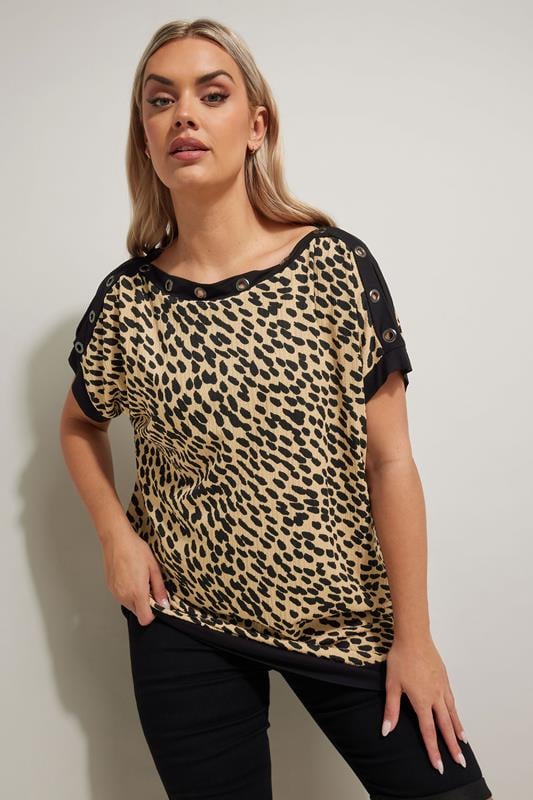 evans YOURS Curve Brown Leopard Print Eyelet Detail Top