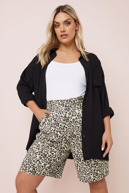 Evans YOURS Curve Brown Leopard Print Linen Bermuda Shorts