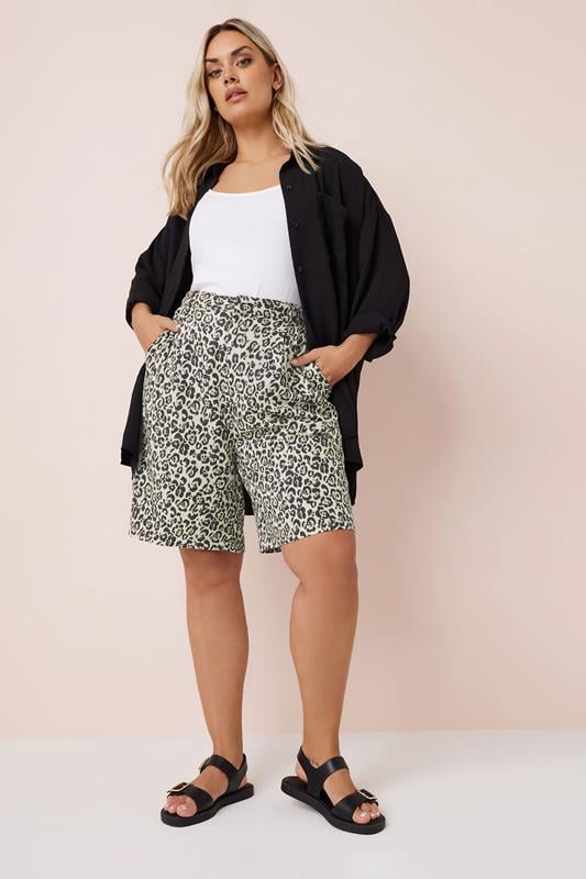 Evans YOURS Curve Brown Leopard Print Linen Bermuda Shorts