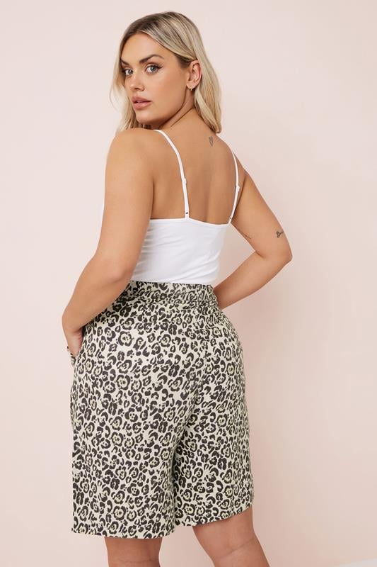 Evans YOURS Curve Brown Leopard Print Linen Bermuda Shorts