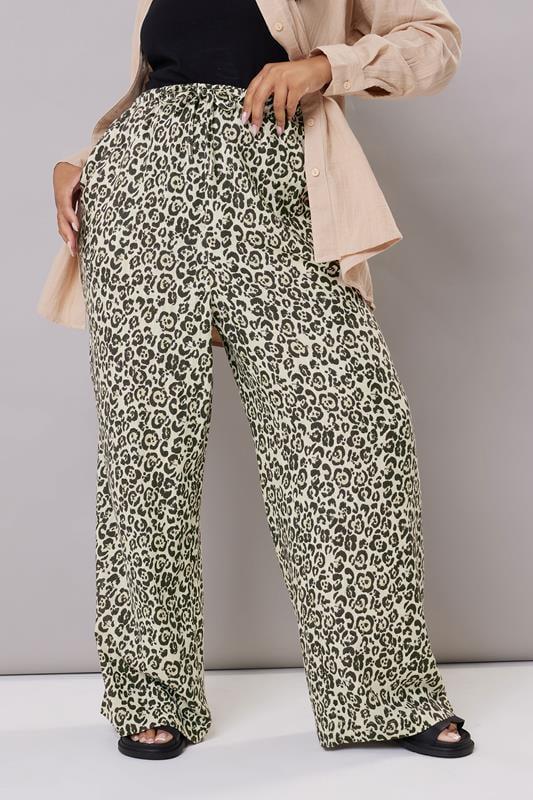 Evans YOURS Curve Brown Leopard Print Linen Tie Front Trousers