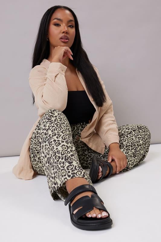 Evans YOURS Curve Brown Leopard Print Linen Tie Front Trousers
