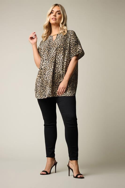 Evans YOURS Curve Brown Leopard Print Metal Trim Blouse