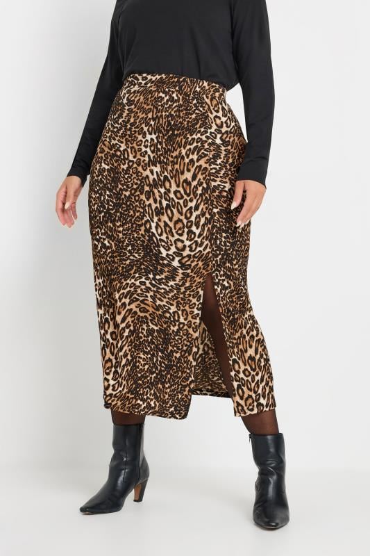 Evans YOURS Curve Brown Leopard Print Split Hem Midi Skirt