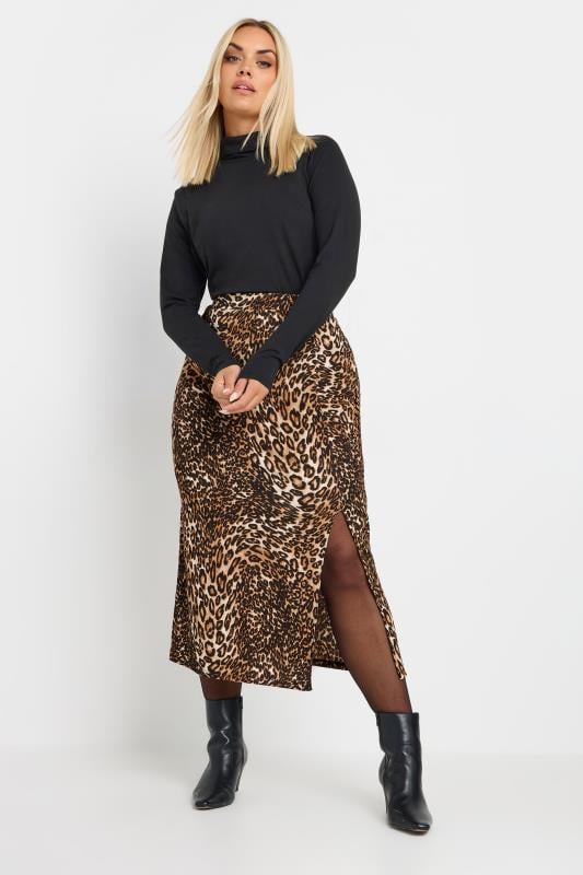 Evans YOURS Curve Brown Leopard Print Split Hem Midi Skirt