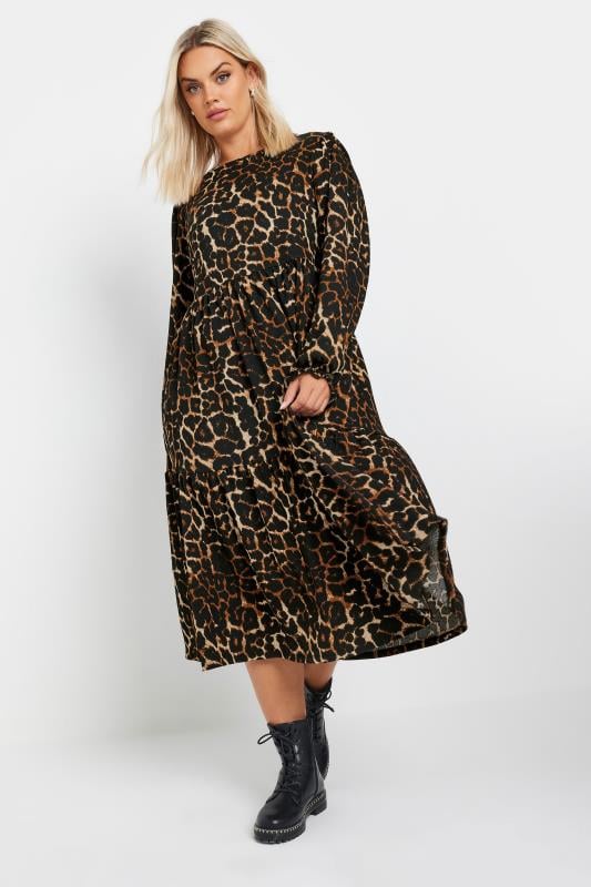 Evans YOURS Curve Brown Leopard Print Textured Midaxi Dress