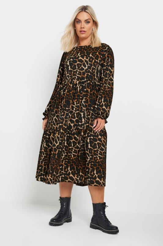 evans YOURS Curve Brown Leopard Print Textured Midaxi Dress
