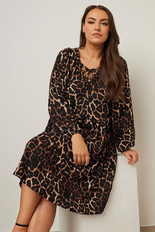 Evans YOURS Curve Brown Leopard Print Textured Tie Neck Dress