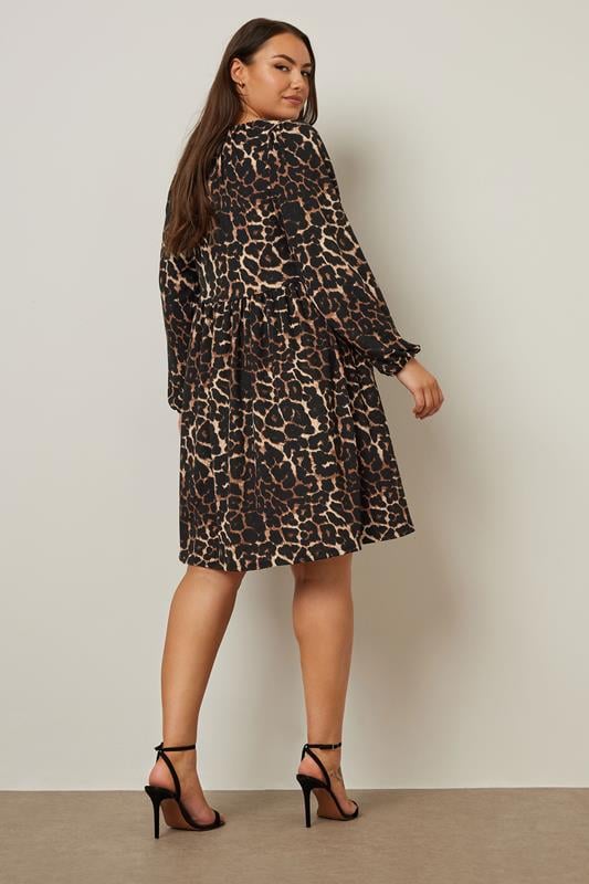 Evans YOURS Curve Brown Leopard Print Textured Tie Neck Dress