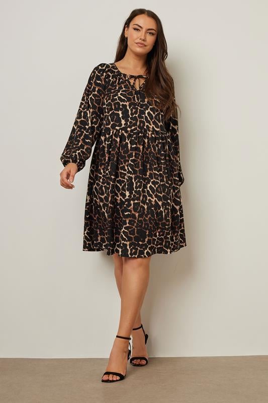 evans YOURS Curve Brown Leopard Print Textured Tie Neck Dress