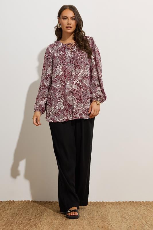 Evans YOURS Curve Brown Paisley Print Lattice Tie Front Blouse