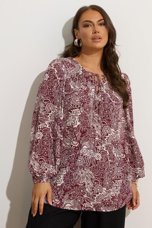 evans YOURS Curve Brown Paisley Print Lattice Tie Front Blouse