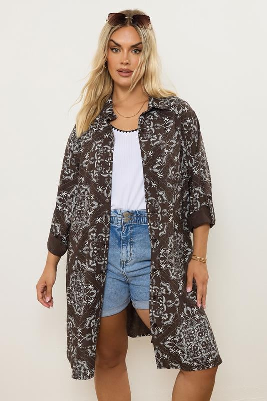 evans YOURS Curve Brown Paisley Print Longline Shirt