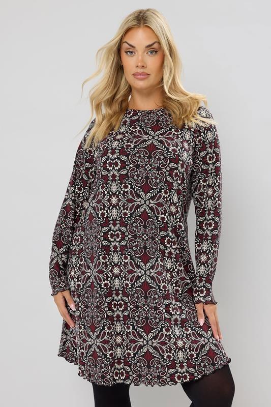 evans YOURS Curve Brown Paisley Print Ribbed Tunic Top