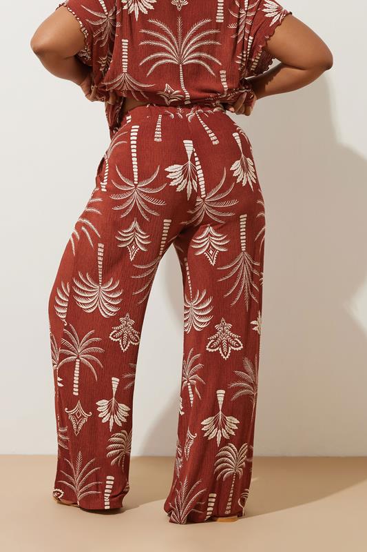 Evans YOURS Curve Brown Palm Print Plisse Wide Leg Trousers