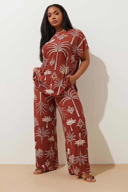 evans YOURS Curve Brown Palm Print Plisse Wide Leg Trousers