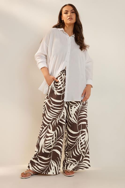 Evans YOURS Curve Brown Palm Print Textured Wide Leg Trousers